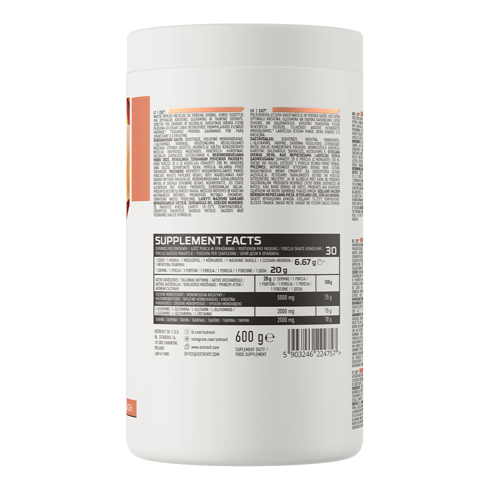 OstroVit CGT 600g Fersken Vegansk produkt som inneholder kreatinmonohydrat, L-glutamin og taurin.
